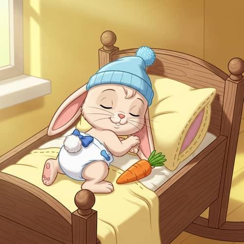 Cute One-Month-Old Baby Rabbit Sleeping in Cradle
