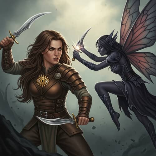 Epic Battle Scene: Woman vs. Dark Fairy with Knives