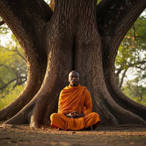 Tranquil Afro-Latin Monk Meditating Under Old Tree