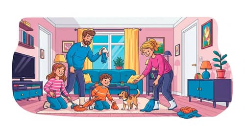 Cheerful Swedish Family Cleaning in Pop Art Living Room