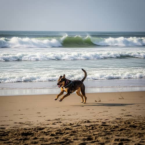 Canine Sprinting on Sandy Beach | Beach Waves Background