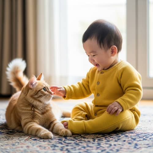 Adorable Baby and Cat Scene on Plush Carpet