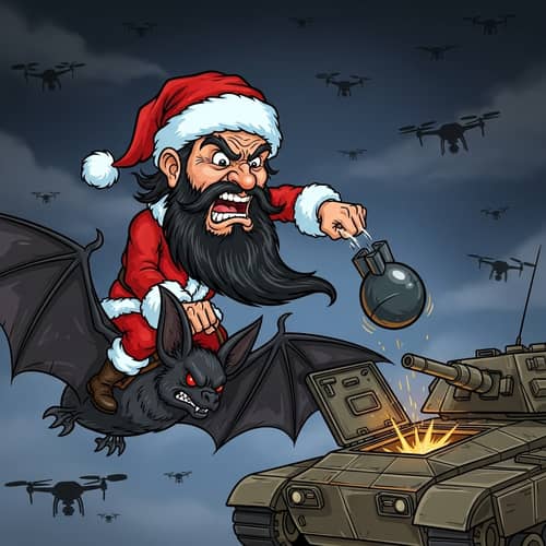 Angry Santa Dropping Bomb from Bat onto Tank in Caricature Style