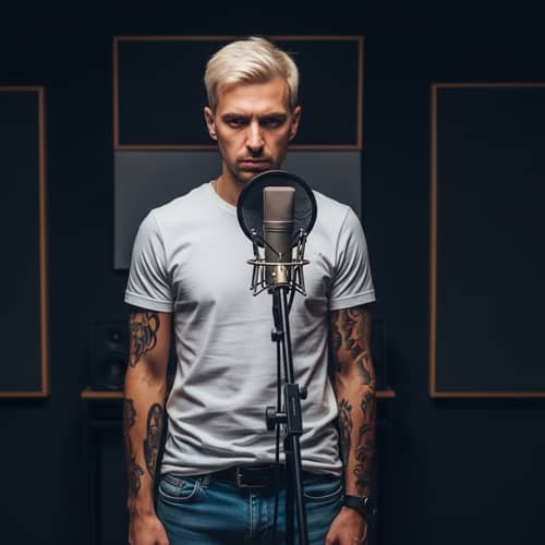 Passionate Male Rapper Practicing in Recording Studio