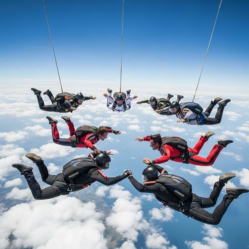 Multiracial Skydiving Crew Soaring Through Vast Blue Sky