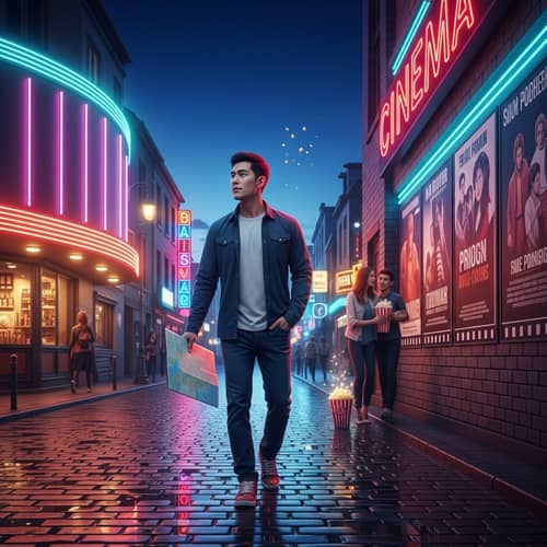 Urban Cinema Quest: Asian Man Seeking Movie Theater at Dusk