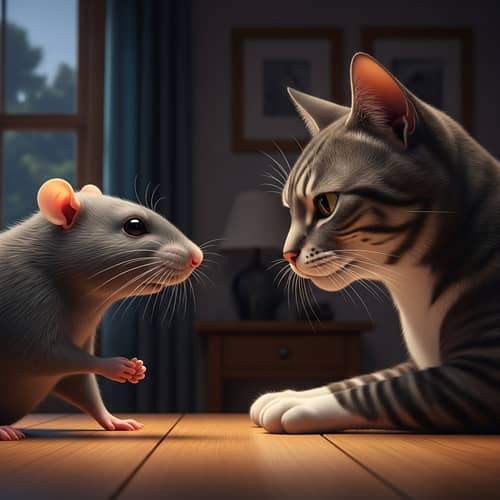 Serious Conversation Between Hispanic Rat and Middle-Eastern Cat