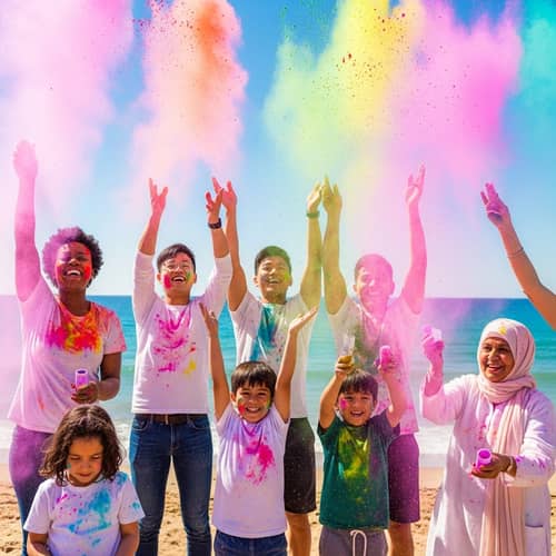Vibrant Holi Beach Celebration with Diverse Participants