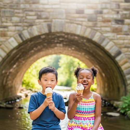 Joyful Sibling Bonding: Boy and Girl Enjoy Ice Cream Under Bridge