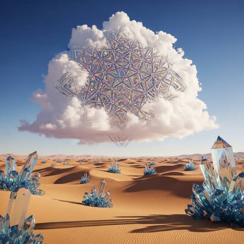 Colorful Geometric Pattern Floating Above Serene Desert with Giant Crystals