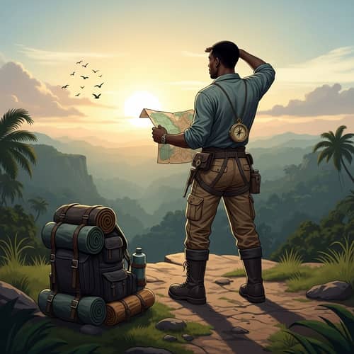 Adventurous Black Male Explorer Overlooking Jungle Vista