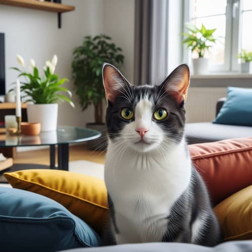 Black and White Domestic Cat in Cozy Modern Living Room