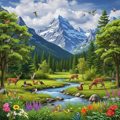 Serene Ecological Landscape with Diverse Flora and Wildlife