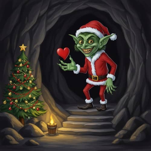 Mischievous Green Fur Character in Santa Claus Outfit