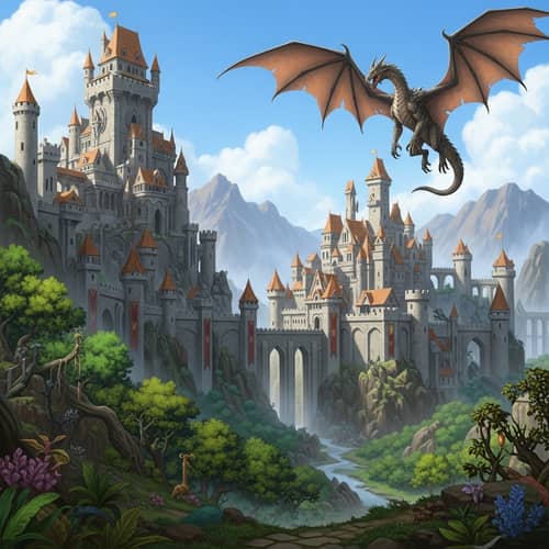 Majestic Kingdom Castle and Dragon Fantasy Art