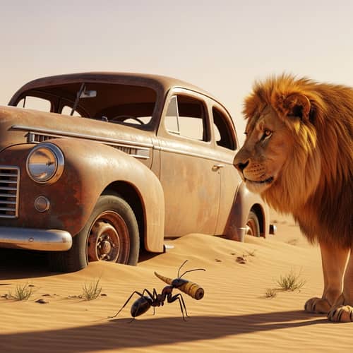Desert Scene with Weathered Car, Majestic Lion, and Resilient Ant