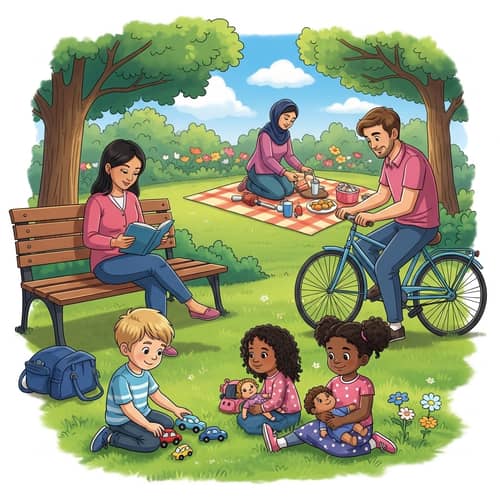 Family-Friendly Image: Kids Playing in Park with Parents and Aunt