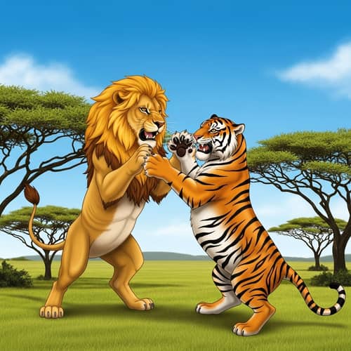 Lion vs Tiger Playful Encounter in Grassy Savannah