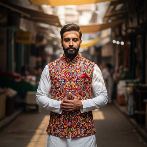 Confident Indian Businessman in Vibrant Marketplace | Cultural Heritage