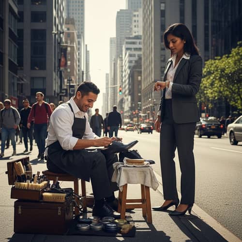 Urban Shoe Cleaner & Business Executive Interaction | City Scene