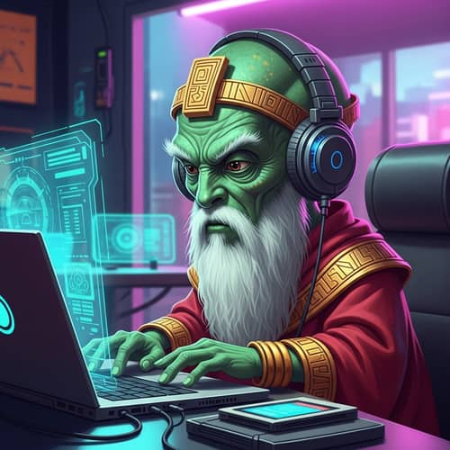 Futuristic Sage Alien Master Working on Laptop in Cyberpunk Office Setting