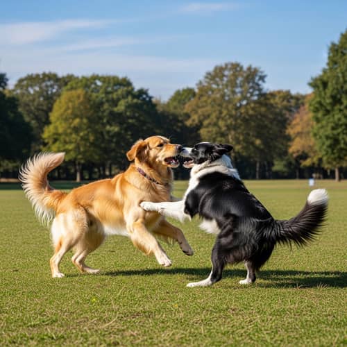 Playful Golden Retriever and Border Collie Dogs in Park
