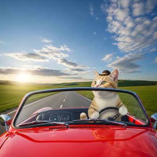 Whimsical Cat Driving Adventure | Vintage Car Cruise