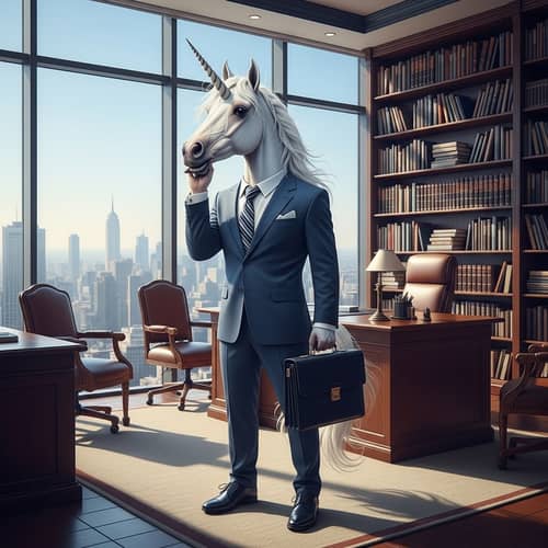 Mystical Unicorn in Professional Attire with City Skyline View