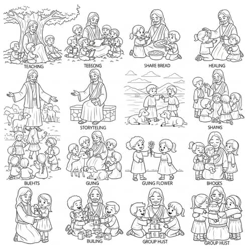Religious Coloring Book Illustrations of Jesus with Diverse Children