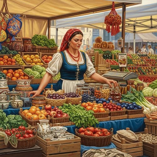 Italian Female Merchant in Traditional Market Setting - Detailed Oil Painting