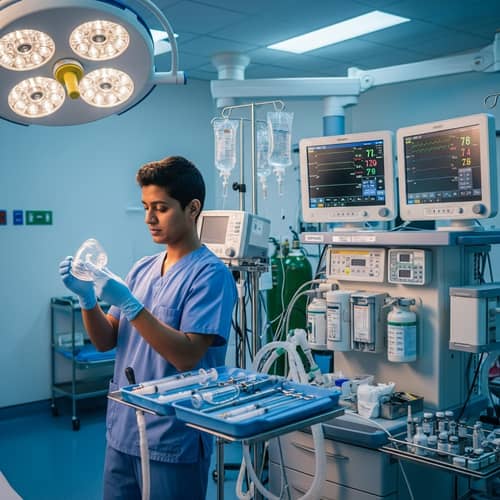 South Asian Anesthesiologist Preparing Anesthesia Equipment