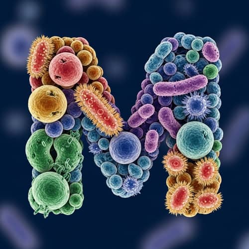 Macro Microscopic 'M' Art: Vibrant Germs Composition