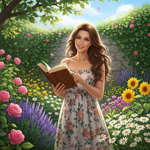 Loved Wife with Long Hair in Serene Garden | Reading Enthusiast
