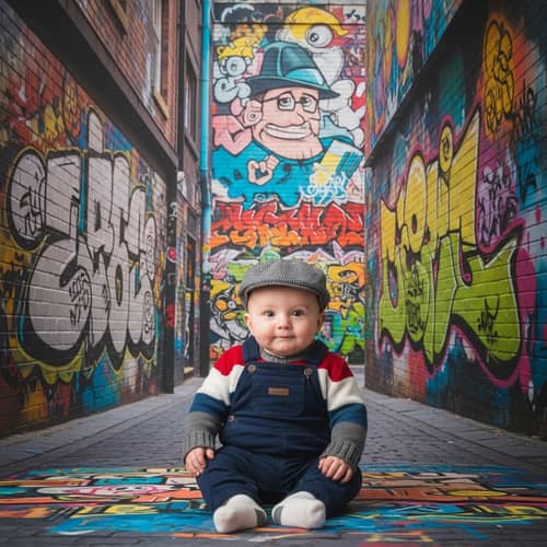 Playful Baby in Colorful City Setting with Vibrant Graffiti