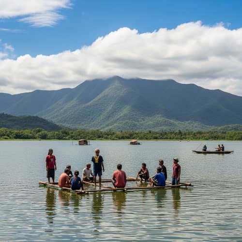 Tranquil Lagoon Home to Indigenous People with Verdant Mountains