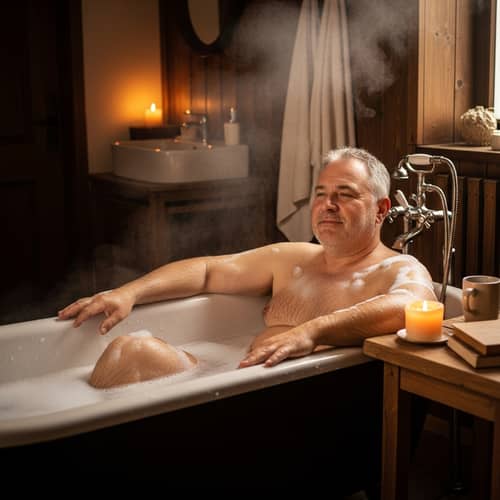 Handsome Mature Man Enjoying Bath in Vintage Tub