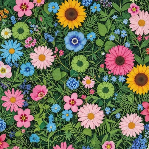 Detailed Floral Background | Vibrant Flowers in Pink, Blue, Green