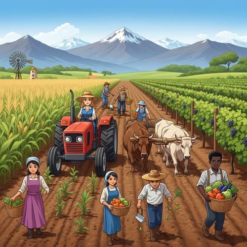 South America Agricultural Landscape: Corn Fields, Vineyards & Farmers