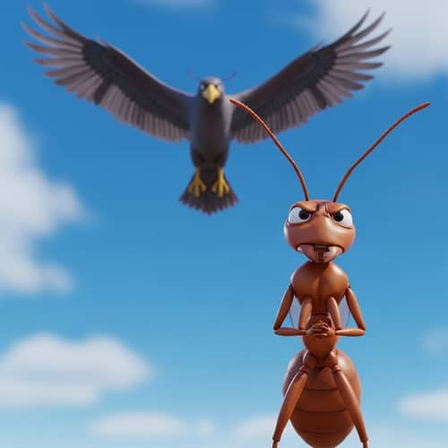 Courageous Wingless Ant Faces Giant Bird in Pixar-Style Image