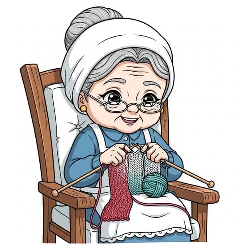 Elderly Grandma Knitting - Chibi Kawaii Anime Style