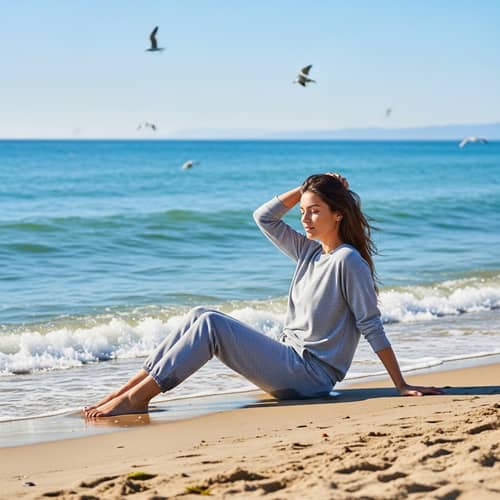 Relaxing Hispanic Woman on Sandy Shoreline | Beach Serenity