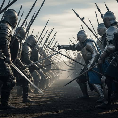 Epic Battle: Black vs. Silver Armored Armies Clash