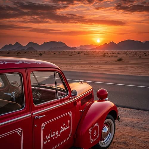 Classic Red Vintage Arabic Car in Desert Scenery
