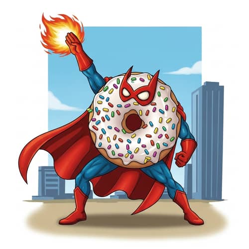 Eccentric Donut Superhero with Colorful Sprinkles Shooting Fireball