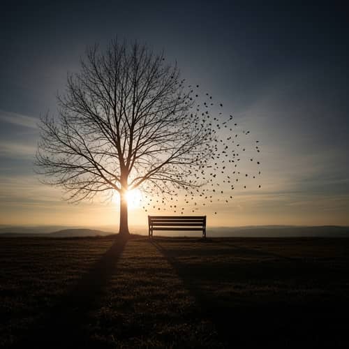 Somber Scene of Loss: Barren Landscape with Lone Tree & Setting Sun