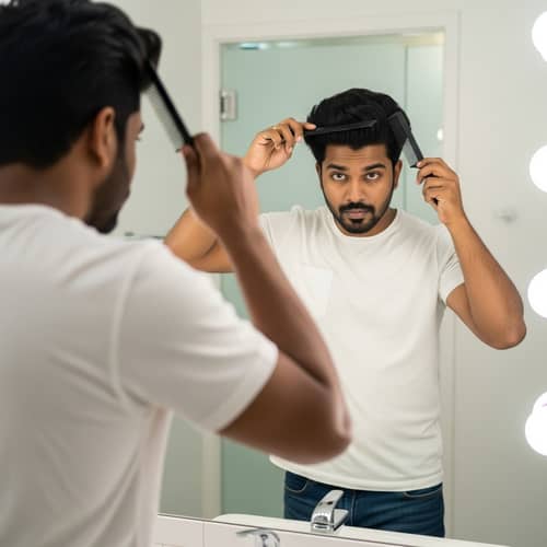 South Asian Man Styling Hair in Brightly Lit Bathroom