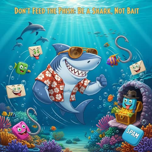 Underwater Cartoon Scene: Shark Avoids Phishing Hooks
