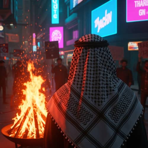 Dynamic Cyberpunk Street Protest with Keffiyeh and Bonfire