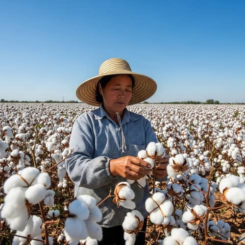 Radiant Cotton Field with Asian Female Farmer Radiant Cotton Field with Asian Female Farmer