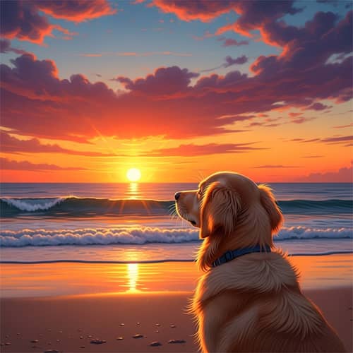 Adorable Golden Retriever Enchanted by Sunset on Tranquil Sandy Beach